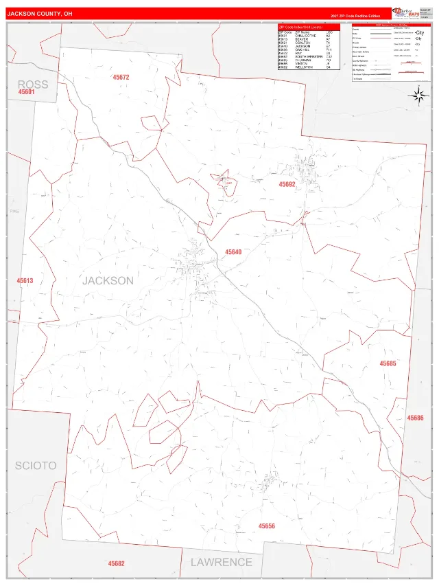Jackson County, OH ZIP Code Wall Map, RedLine style