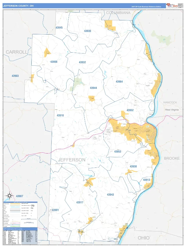 Jefferson County, OH ZIP Code Wall Map, Business Reference style
