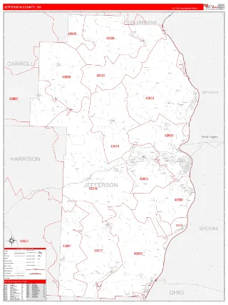 Jefferson County, OH RedLine style ZIP Code wall map