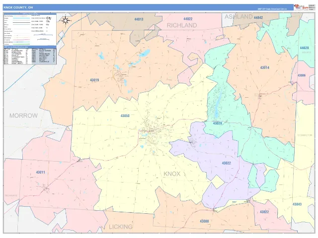 Knox County, OH ZIP Code Wall Map, ColorCast style