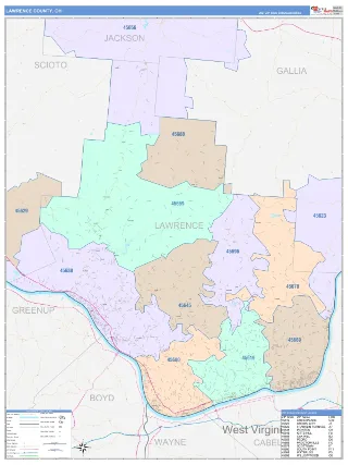 Lawrence County, OH ColorCast style ZIP Code wall map