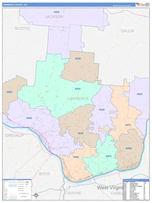 Lawrence County, OH ZIP Code Wall Map, ColorCast style