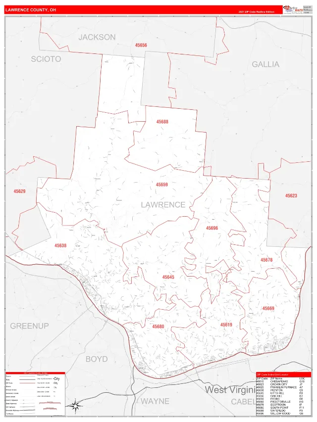 Lawrence County, OH ZIP Code Wall Map, RedLine style