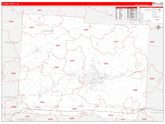 Licking County, OH ZIP Code Wall Map, RedLine style