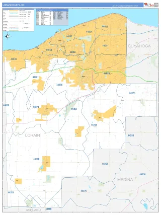 Lorain County, OH Business Reference style ZIP Code wall map