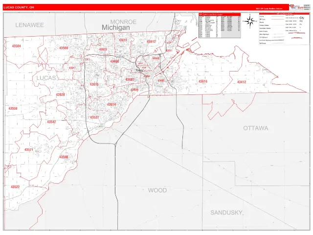 Lucas County, OH ZIP Code Wall Map, RedLine style