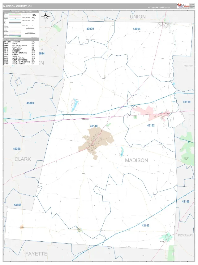 Madison County, OH ZIP Code Wall Map, Classic style