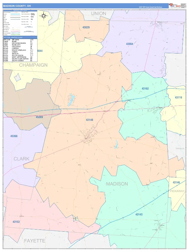 Madison County, OH ZIP Code Wall Map, ColorCast style