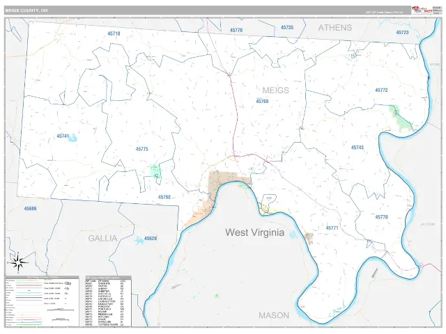 Meigs County, OH ZIP Code Wall Map, Classic style