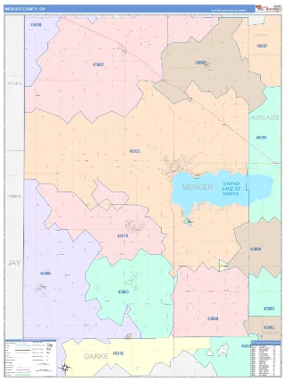 Mercer County, OH ColorCast style ZIP Code wall map