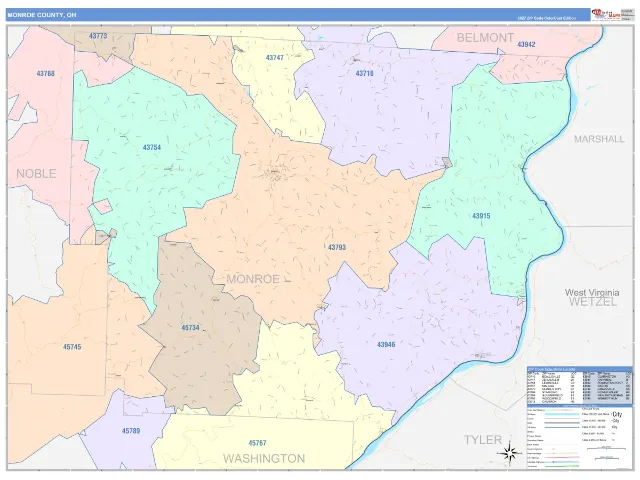 Monroe County, OH ZIP Code Wall Map, ColorCast style