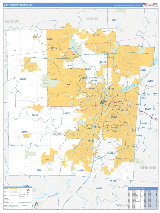 Montgomery County, OH ZIP Code Wall Map, Business Reference style