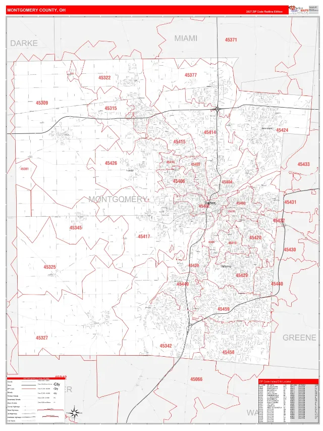 Montgomery County, OH ZIP Code Wall Map, RedLine style