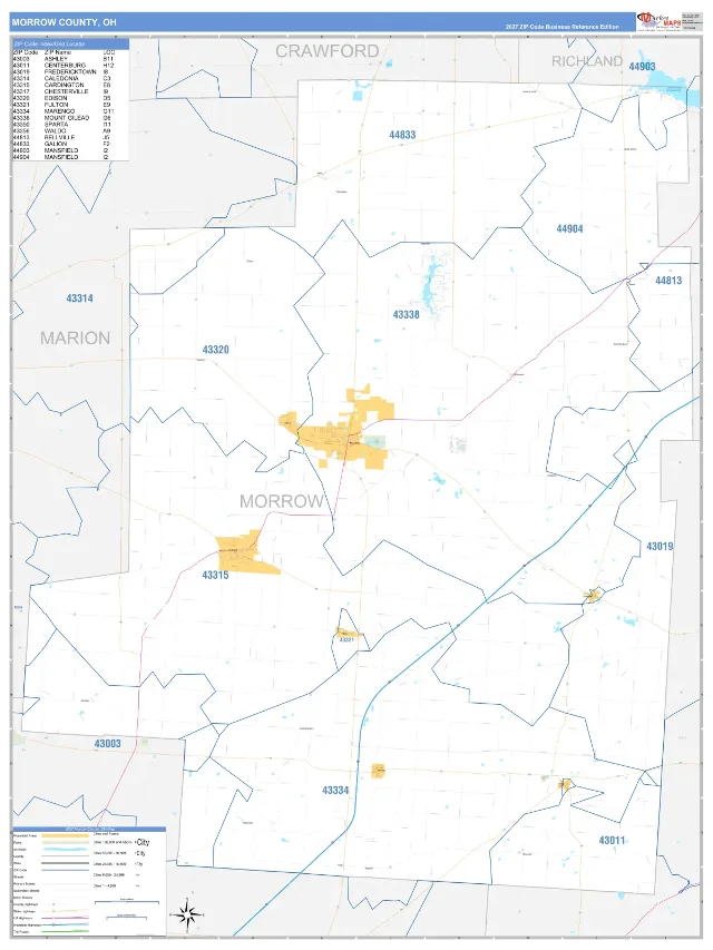 Morrow County, OH ZIP Code Wall Map, Business Reference style