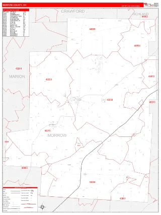 Morrow County, OH RedLine style ZIP Code wall map