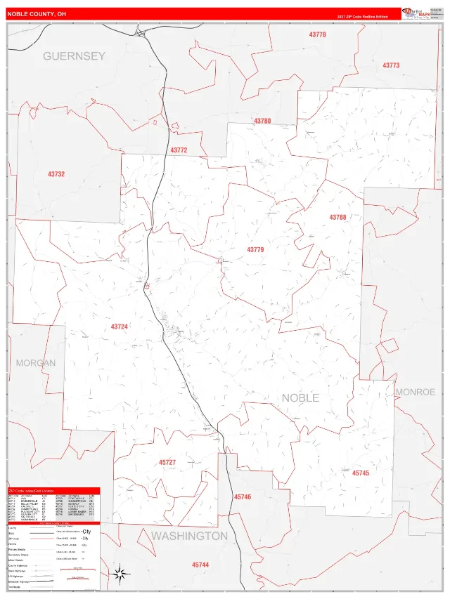 Noble County, OH ZIP Code Wall Map, RedLine style