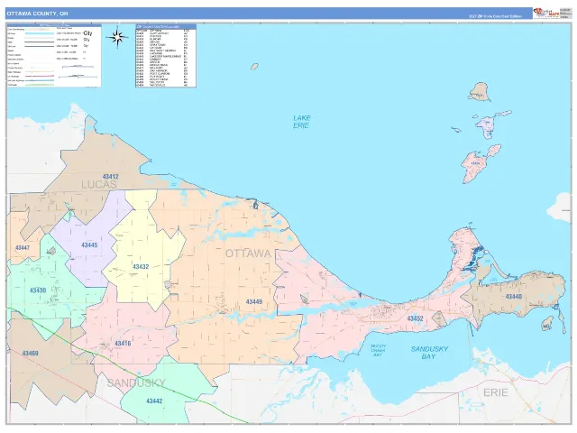 Ottawa County, OH ZIP Code Wall Map, ColorCast style