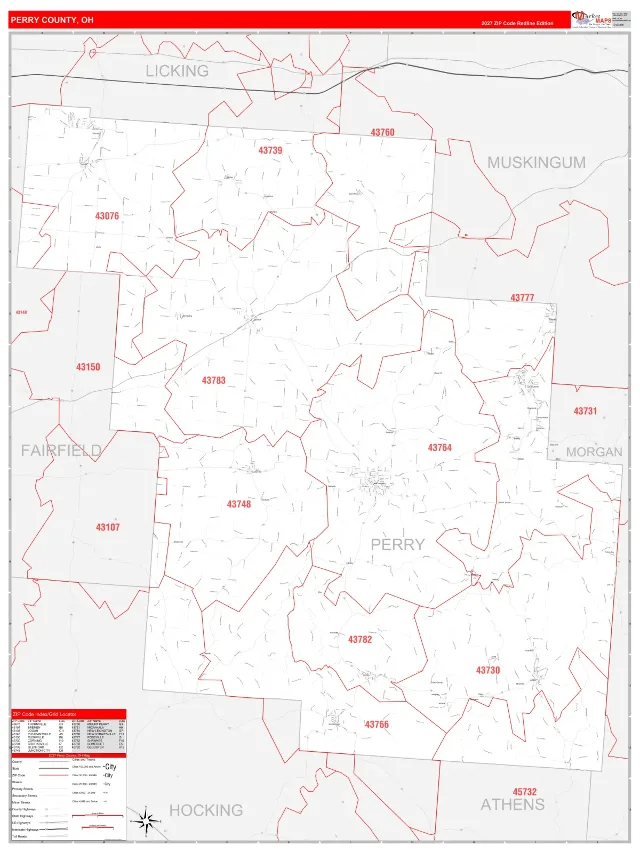 Perry County, OH ZIP Code Wall Map, RedLine style