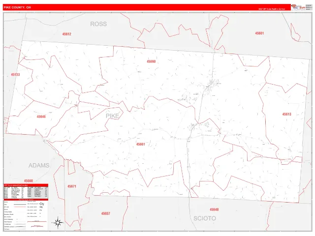 Pike County, OH ZIP Code Wall Map, RedLine style