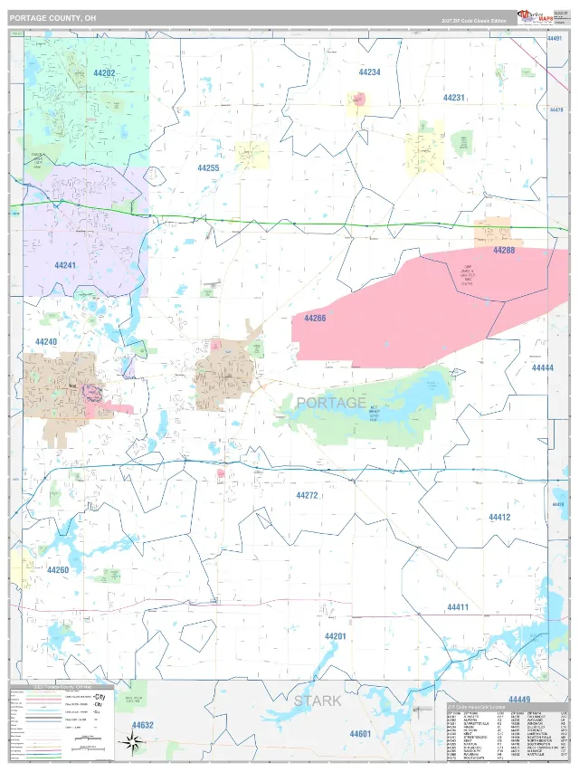 Portage County, OH ZIP Code Wall Map, Classic style