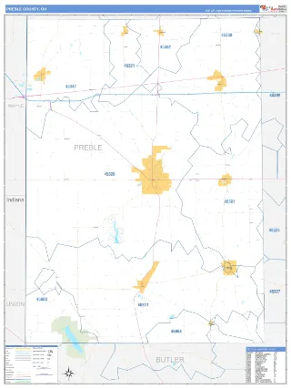 Preble County, OH Business Reference style ZIP Code wall map