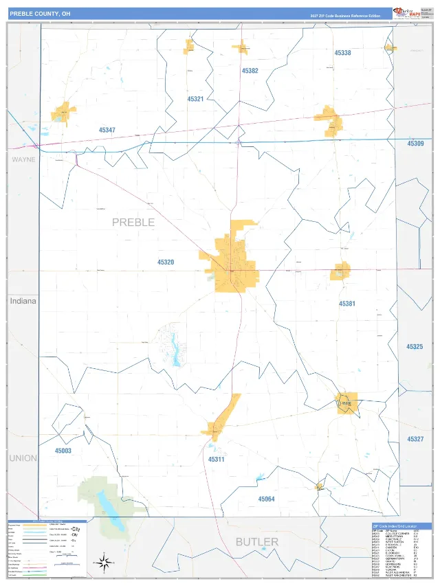 Preble County, OH ZIP Code Wall Map, Business Reference style