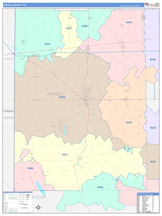 Preble County, OH ZIP Code Wall Map, ColorCast style