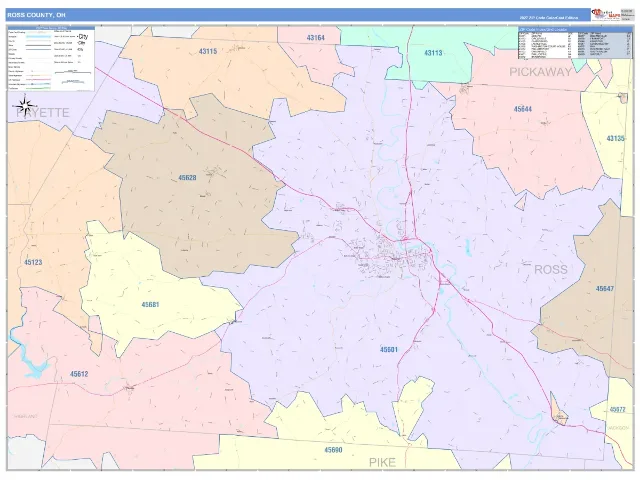 Ross County, OH ZIP Code Wall Map, ColorCast style