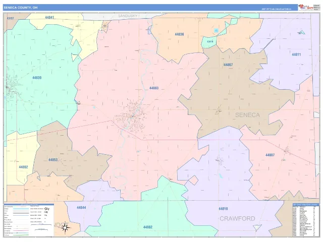 Seneca County, OH ZIP Code Wall Map, ColorCast style