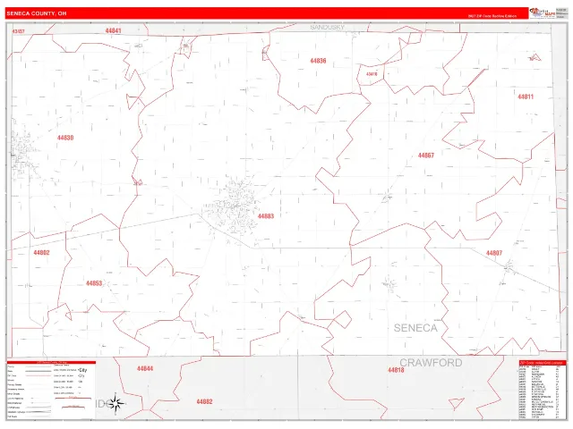 Seneca County, OH ZIP Code Wall Map, RedLine style