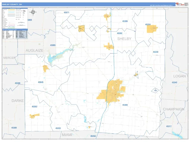 Shelby County, OH ZIP Code Wall Map, Business Reference style