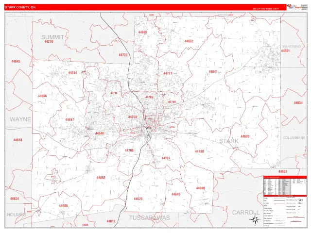 Stark County, OH ZIP Code Wall Map, RedLine style