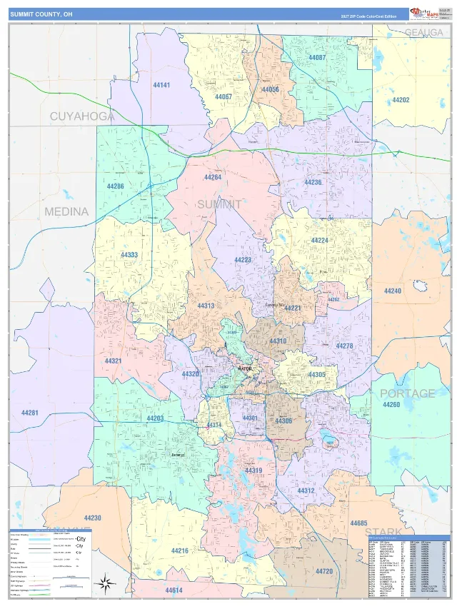 Summit County, OH ZIP Code Wall Map, ColorCast style