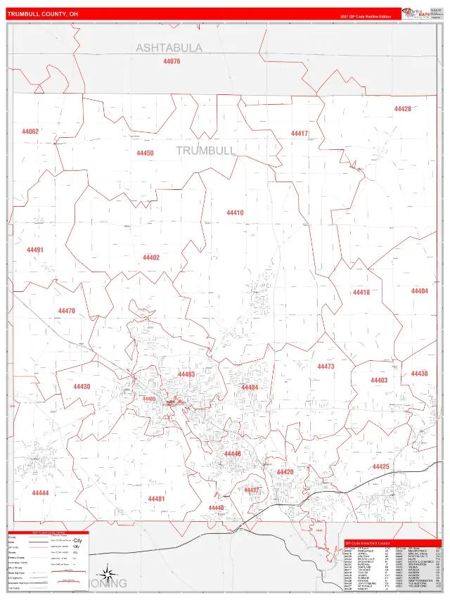 Trumbull County, OH ZIP Code Wall Map, RedLine style