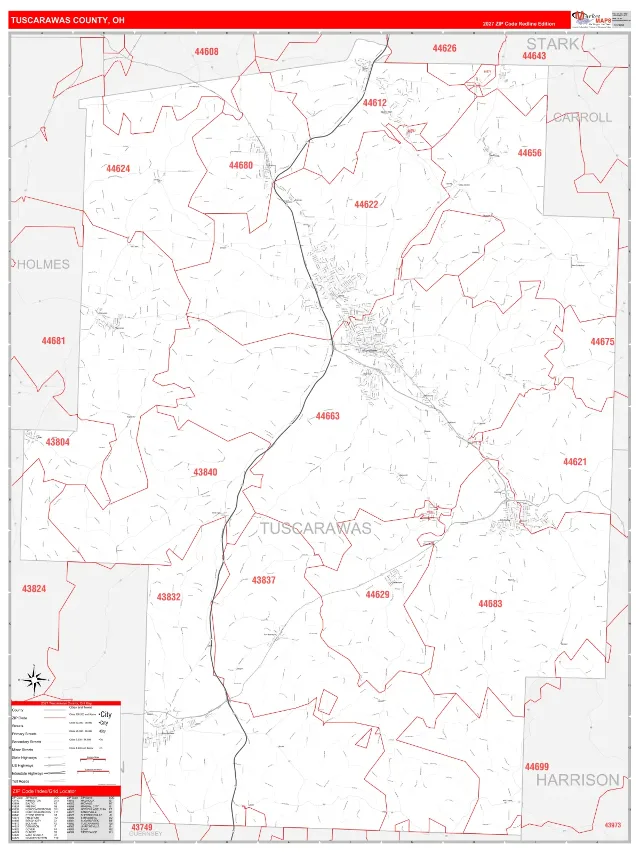 Tuscarawas County, OH ZIP Code Wall Map, RedLine style