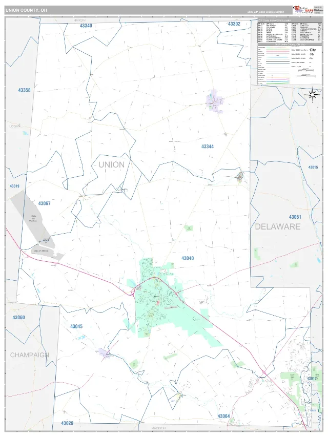 Union County, OH ZIP Code Wall Map, Classic style