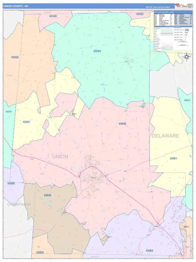 Union County, OH ZIP Code Wall Map, ColorCast style