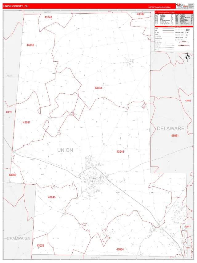 Union County, OH ZIP Code Wall Map, RedLine style