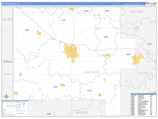 Van Wert County, OH ZIP Code Wall Map, Business Reference style