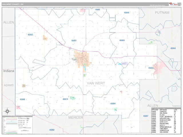 Van Wert County, OH ZIP Code Wall Map, Classic style