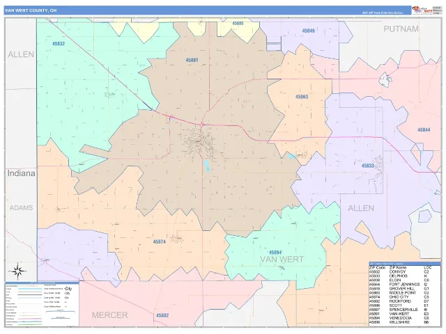 Van Wert County, OH ZIP Code Wall Map, ColorCast style