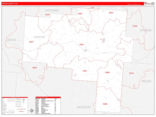 Vinton County, OH ZIP Code Wall Map, RedLine style