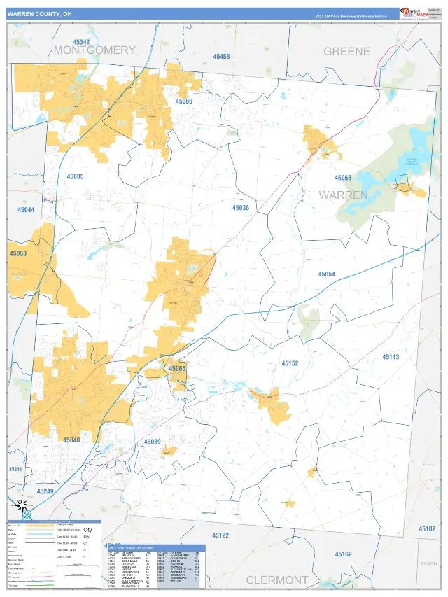 Warren County, OH ZIP Code Wall Map, Business Reference style