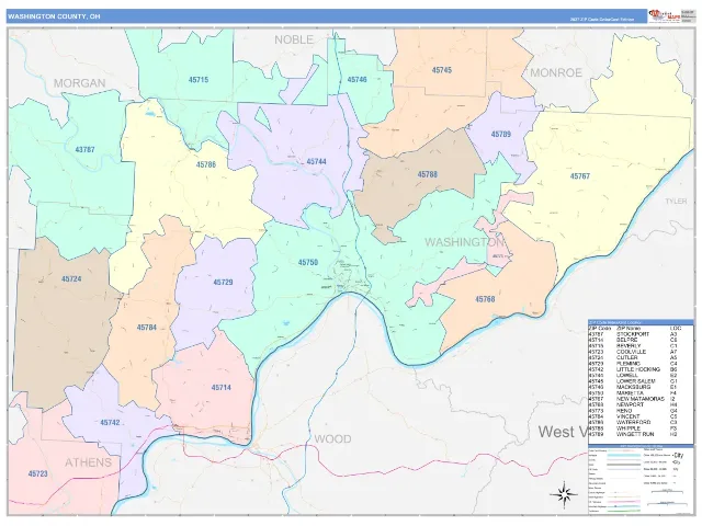 Washington County, OH ZIP Code Wall Map, ColorCast style