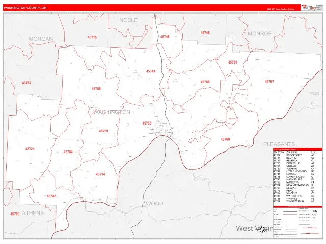 Washington County, OH ZIP Code Wall Map, RedLine style