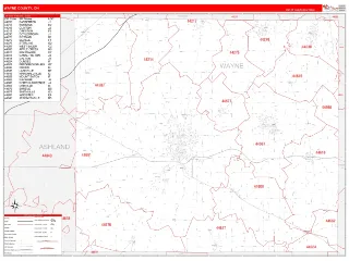 Wayne County, OH RedLine style ZIP Code wall map
