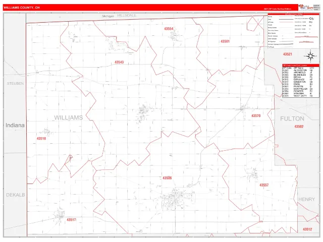 Williams County, OH ZIP Code Wall Map, RedLine style