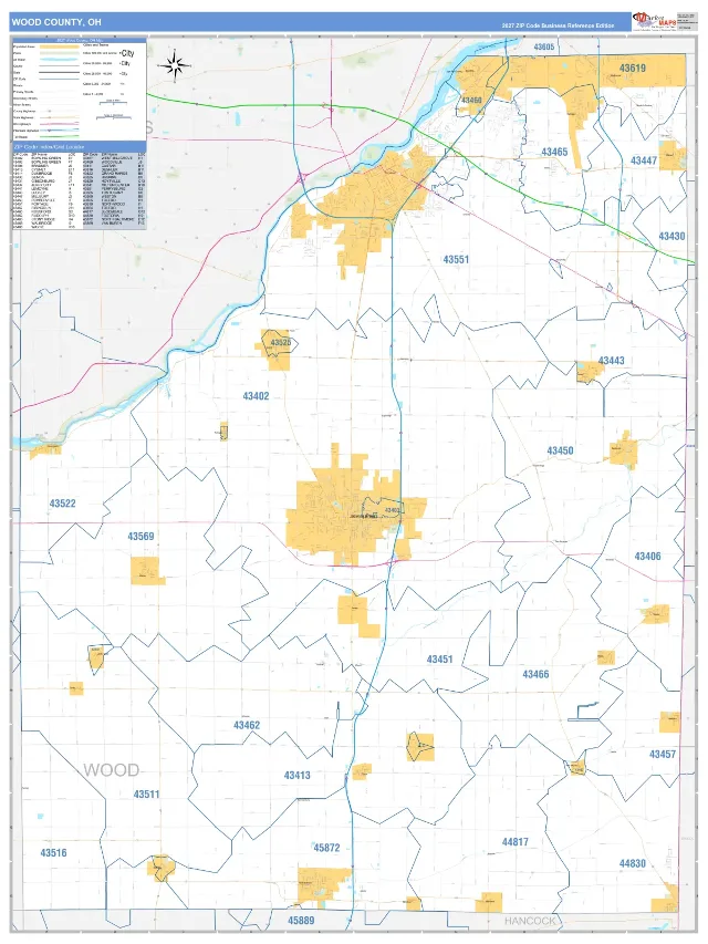 Wood County, OH ZIP Code Wall Map, Business Reference style