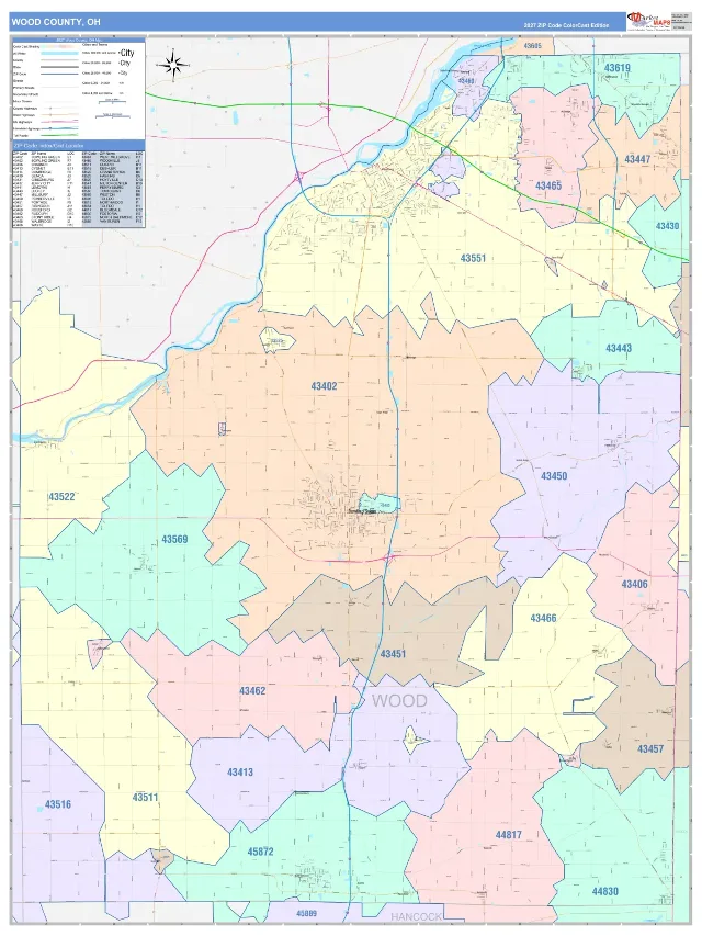 Wood County, OH ZIP Code Wall Map, ColorCast style