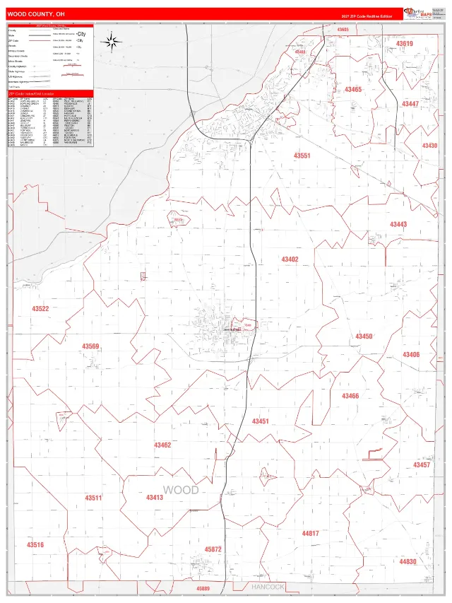 Wood County, OH ZIP Code Wall Map, RedLine style